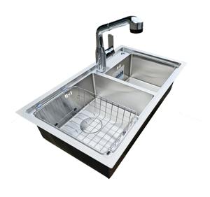 Évier de cuisine en acier inoxydable 304 à double bac, à montage en surface, qualité commerciale robuste, avec coussin insonorisant inclus - Product Image 1