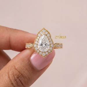 Bague de fiançailles en diamant taille poire de qualité supérieure, style vintage, sertie d'un halo, diamant de laboratoire, or massif 14 carats, cadeau de mariage pour femme - Product Image 1