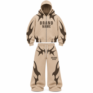 Ensemble de survêtement oversize personnalisé Y2K avec imprimé flamme, sweat à capuche zippé et pantalon de survêtement large, couleur unie, streetwear personnalisé - Product Image 1