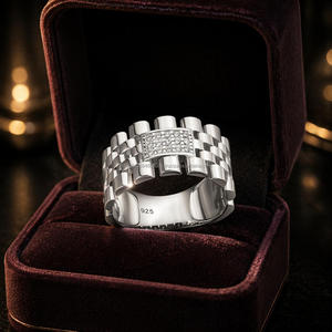 925 Sterling <b>Silver</b> Moissanite Diamond Statement <b>Ring</b> for <b>Men</b> with Premium Linked Band Design for Retailers - Product Image 1