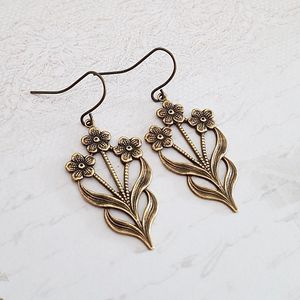 Vintage Floral Brass <b>Drop</b> Earring Retro Hoop For Wedding Festive Party Trending Luxe Boho Women Ethnic Fashion Jewelry Statement - Product Image 1