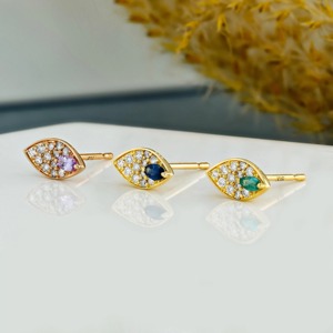 Diamond Feather <b>Stud</b> Earrings 14K Gold Lab Grown Sapphire <b>Emerald</b> Earrings for Women Solid Gold Unique Jewelry Elegant Style - Product Image 2