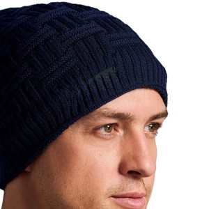 New Men's <b>Navy</b> Blue Knit Beanie <b>Hat</b> Solid Color Casual Winter Warm Cap Hand Knitted Acrylic Material 56-58CM Head Circumference - Product Image 3