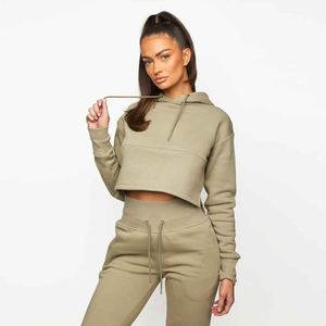 Custom Logo Winter Casual <b>Drop</b> Shoulder Heavyweight Women's 100% Cotton French Terry Pullover Crop Top Hoodie Solid Tracksuit - Product Image 3