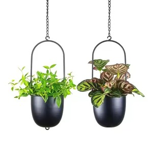 Ensemble de 2 jardinières suspendues modernes en métal, cadre noir thermolaqué pour une utilisation intérieure et extérieure avec plantes vertes, pot de jardinière suspendu - Product Image 6