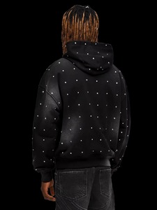 Sweat-shirt à capuche zippé noir pour homme, orné de strass, coupe droite décontractée, streetwear d'hiver, respirant, en polyester tricoté - Product Image 2