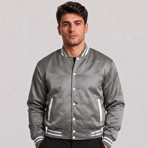 Blouson bomber en satin gris pour homme, coupe classique, couleur unie, col rabattu, vêtement décontracté pour l'automne - Product Image 1