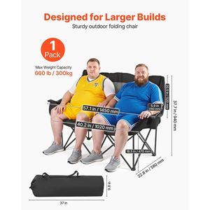 Chaise de camping double surdimensionnée pour deux personnes, robuste, supporte jusqu'à 660 lb, avec deux porte-gobelets, porte-verre à vin, sac de transport inclus - Product Image 2