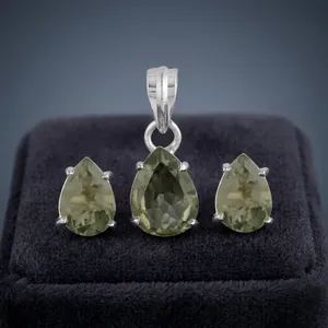 925 Sterling Silver Pendant Earrings Jewelry Set Teardrop Cut Green Amethyst Gemstone Handmade Design For Women - Product Image 2