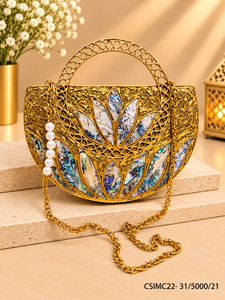 Pochette mosaïque en nacre MOP en métal doré faite à la main avec chaîne pour mariage et soirée - Product Image 1