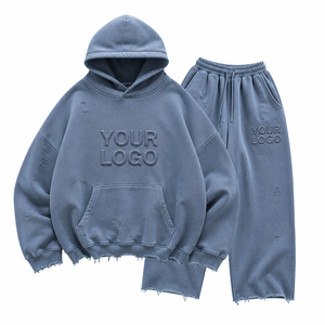 Conjunto de chándal para hombre con efecto desgastado, estilo oversize, sudadera con capucha y jogger, ropa urbana, fábrica mayorista de ropa personalizada - Product Image 5