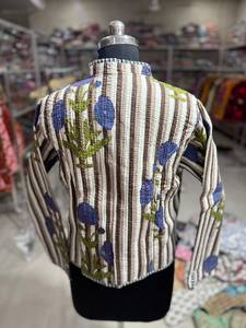 Hand Embroidered <b>Quilted</b> <b>Jacket</b> With Striped <b>Pattern</b> Blue Floral Design Stand Collar Full Sleeve Women's Autumn Wear GIFT - Product Image 6