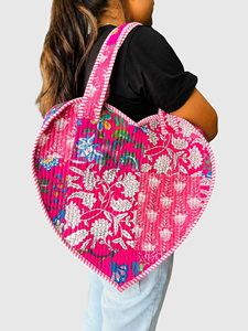 Floral Cotton <b>Heart</b> Shape Tote <b>Bag</b> With Panelled Design Bohemian Style For Shopping - Product Image 4