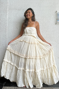 Bohemian White Tiered Ruffle Maxi Dress <b>Spaghetti</b> <b>Strap</b> Crinkle Cotton Summer Sundress Resort Wear Beach Weddings Organic Cotton - Product Image 3