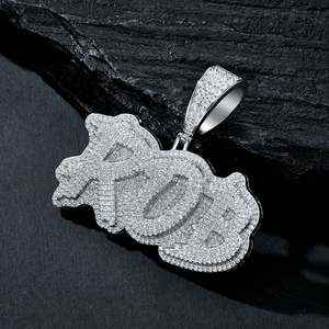 Colgante de Plata de Ley 925 con Moissanita VVS Iced-Out, Letra Personalizada ROB, Placa con Nombre Estilo Burbuja Desgastada, Amuleto Hip-Hop, Número en Oro Rosa - Product Image 5