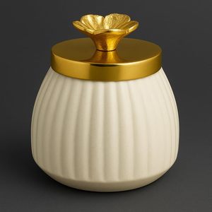 Metal Decorative Jar Golden Lid White <b>Ribbed</b> Storage Container Modern Design Wedding Occasion Flower Knob Home Tabletop Decor - Product Image 6