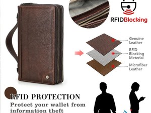 Cartera de Viaje Unisex Marrón de Cuero Genuino Vintage con Doble Cremallera, Bloqueo RFID, Gran Capacidad y Organizador - Product Image 2