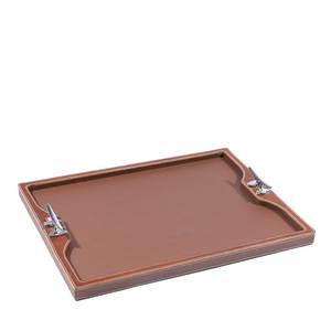 Bandeja Decorativa Rectangular de Cuero de Lujo con Asas de Metal, Diseño Tradicional para Uso en el Hogar y la Oficina - Product Image 1