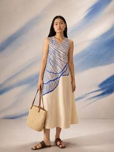 Robe midi bleue à col mandarin avec manches longues, coupe ample, décontractée, pour tous les jours, en tissu tissé 100% coton, respirante, couleur unie, Poc - Product Image 4