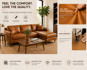 Mid Century Modern Cognac Leather L Shape <b>Sofa</b> Set Loveseat Detached Chaise Lounge for Relaxing After Work or Movie Nights - Product Image 4