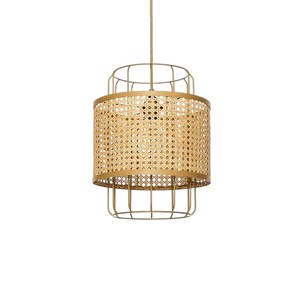 Luminaire suspendu industriel en métal moderne avec abat-jour en bambou tressé, pour salon - Product Image 1