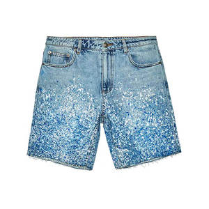 Denim <b>Shorts</b> <b>Women</b> Mid Waist Casual Summer Straight Leg <b>Sequined</b> Washed Blue Cotton Woven Quick Dry Jeans - Product Image 1
