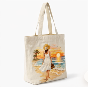 Bolsa de Playa de Lona al por Mayor con Estampado de Mujer al Atardecer, Bolsa de Compras Casual de Gran Tamaño con Asa para el Hombro, para Viajes y Uso en la Playa - Product Image 3