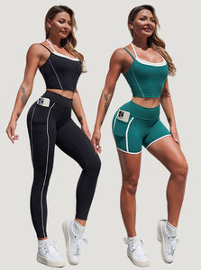 Conjunto de Yoga para Mujer, Cintura Alta Elástica, Color Negro Sólido, Ligero, Transpirable, Elástico en Cuatro Direcciones, Ecológico, con Logotipo Frontal, Control de Abdomen - Product Image 3
