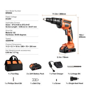 Kit de Atornillador para Paneles de Yeso de 20V Máx., 4200 RPM, Inalámbrico, Sin Escobillas, con 2 Baterías, Cargador y Clip para Cinturón, para Personalización DIY ODM - Product Image 2