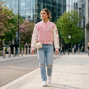 Custom Pink Women <b>Varsity</b> <b>Jacket</b> Wool Blend Letterman <b>Jacket</b> Chenille Embroidery College <b>Bomber</b> <b>Jacket</b> OEM Fashion - Product Image 4