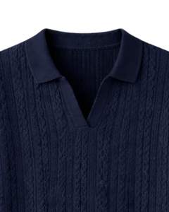 Polo de Punto Azul Marino Personalizado para Hombre, Manga Corta, Tejido de Cable Texturizado, Corte Ajustado Informal de Verano, Fabricante Mayorista OEM - Product Image 4