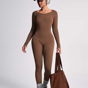 Women's Brown Long Sleeve Knitted Jumpsuit O-Neck Solid Color Breathable Spandex Cotton Full Length Regular Fit - Product Image 2