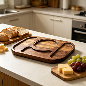 Plateau en bois d'acacia écologique et alimentaire, plateau de service en bois durable à plusieurs compartiments pour la maison, les cafés et les restaurants - Product Image 5