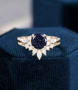 Set Of 2PCS Natural Blue Sandstone Engagement Ring 925 Sterling Silver 14K <b>Gold</b> Plated Round Star Stone Ring - Product Image 4