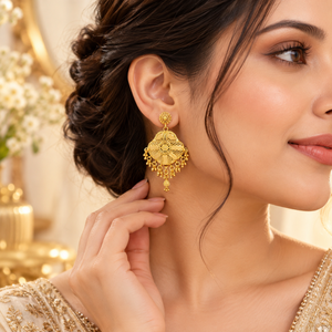 Parure de collier long en laiton et cuivre antique, avec pendentif éventail et boucles d'oreilles, finition or 24K, bijoux de mariage indiens pour femmes - Product Image 2