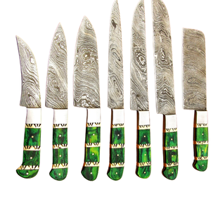 Ensemble de 7 couteaux de chef en acier Damas faits à la main avec manches en bois vert, couteaux professionnels de cuisine pour trancher, hacher et couper - Product Image 2