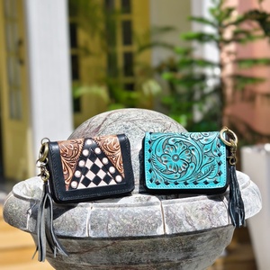 Portable Handmade 100% Genuine Leather Mini Coin Purse Hand Tooling Florals Carved With Checkered Pattern Mini Coin Chain <b>Wallet</b> - Product Image 1