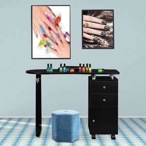 Tavolo per Manicure Nero Unilaterale Quadrato con 2 Cassetti, 1 Porta, Poggiapolsi e Ruote - Product Image 1