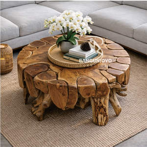 Table basse ronde artisanale moderne en racines de teck pour salon - Product Image 2