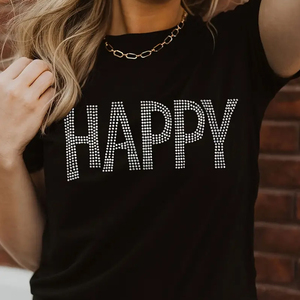 เสื้อยืดแขนสั้นสีดำสำหรับผู้หญิง พิมพ์ลายตัวอักษร Happy ประดับด้วยเพชรเทียม ทรงหลวมสบาย คอกลม ผ้าเจอร์ซีย์คอตตอน - Product Image 3