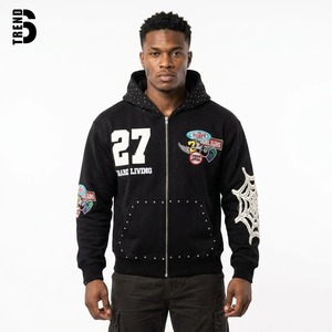 Sweat-shirt à capuche zippé noir pour homme, style streetwear, avec broderies et patchs, coupe oversize, 100% coton molletonné respirant, service OEM - Product Image 1