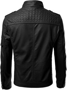 Chaqueta de Cuero Original Negra para Hombre, Estilo Motero, Corte Ajustado, Cierre de Cremallera, Cuello Alto, Largo Regular, Color Sólido, Estilo Moto, para Otoño - Product Image 2