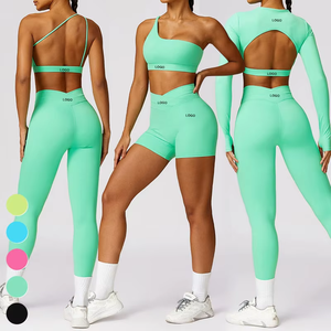 Conjunto de Yoga de 2 Piezas para Mujer, Cintura Alta, Sin Costuras, Color Sólido, Top Corto con Mangas Largas y Leggings con Tirantes Cruzados, Cuello Alto, Rosa - Product Image 4