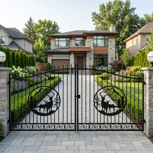 Decorative Black Wrought Iron Double <b>Swing</b> Driveway Gate with Circular Motifs for Villa Home Garden Entrance Security - Product Image 1
