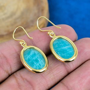 Natural Handmade Blue Amazonite Oval Shape Gemstone Drop Earrings 18k Micron Gold Over 925 <b>Sterling</b> <b>Silver</b> - Product Image 4