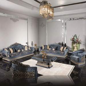 Juego de Sofás Seccionales de Madera Tallada Clásica Azul de Lujo, Muebles Ecológicos, Duraderos y Elegantes para Sala de Estar, Estilo Post Ranch Inn - Product Image 6