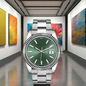 Montre de sport de luxe en acier inoxydable de haute qualité, ton argenté, bracelet 22 mm, style moderne Hip Hop, cadran vert soleil, index lumineux - Product Image 4