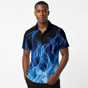 Men's Short Sleeve Button Down <b>Shirt</b> Blue <b>Flame</b> Print Casual Wear Digital Printing Polyester Woven Breathable Style - Product Image 5