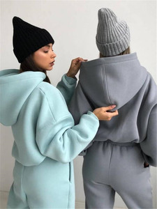 Ensemble sweat à capuche 2 pièces pour femme, manches longues, couleur unie, polaire, décontracté, coupe ample, toutes saisons, tricoté, longueur longue - Product Image 5