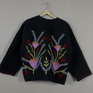 Floral Embroidery <b>Kantha</b> Suzani <b>jacket</b> - Handmade Quilted, Bohemian <b>Jacket</b>, V-neck, Vintage Style Quilt - Product Image 2